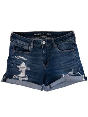 American Eagle Outfitters Dark Indigo Distressed Rolled Hem Jean Shorts